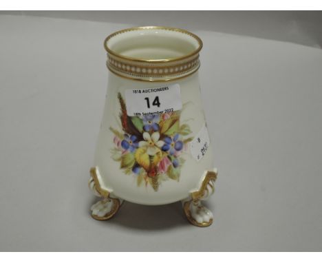 A fine Royal Worcester lions foot tripod base vase hand painted with flowers and gilt borders.
No damage or restoration visib