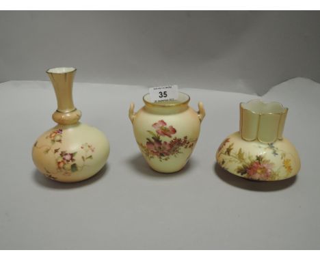 Three pieces of fine Royal Worcester blush ivory including squat vase dated 1887, twin handle urn and fluted stem vase all ha