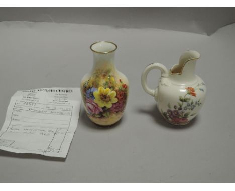 Two pieces of fine gloss Royal Worcester ceramics including hand painted vase signed Freeman and a small jug