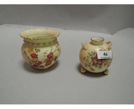 Two pieces of fine Royal Worcester blush ivory including ball footed twin handle vase and similar vase AF