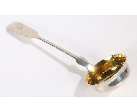 A 19th Century German silver ladle, maker TH Muller, the fiddle pattern handle initialled T, with silver-gilt bowl, the rever