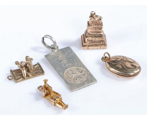 Four 9 carat gold charm bracelet charms, to include the treaty stone Limerick, locket, figure blowing a bugle, courting coupl