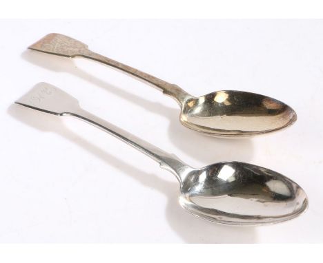 Pair of William IV silver table spoons, London 1833, maker William Chawner II, the fiddle pattern handles initialled HE, 5.5o