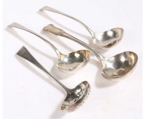 Pair of early George III low mark silver ladles, London possibly 1770, makers mark rubbed, with old English pattern handles, 
