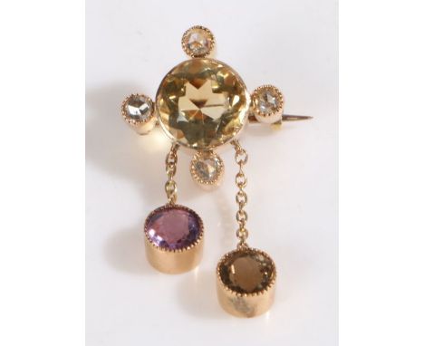 18 carat brooch, set with a central citrine with diamond surround and two amethyst drops, 17mm wide, 33mm high, 5g