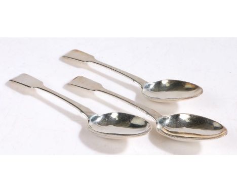 Three George III silver dessert spoons, London 1818, maker Robert Peppin, the fiddle pattern handles with feint crest depicti