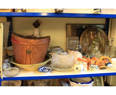 Vintage leather hat box and top hat, brass plaque, pictures, lamp, Bosson's wall plaques, glass, china, etc