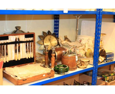 Canteen of cutlery, oak biscuit and sherry barrels, chamber pots, smoker stands, coal bin, wall clock, etc