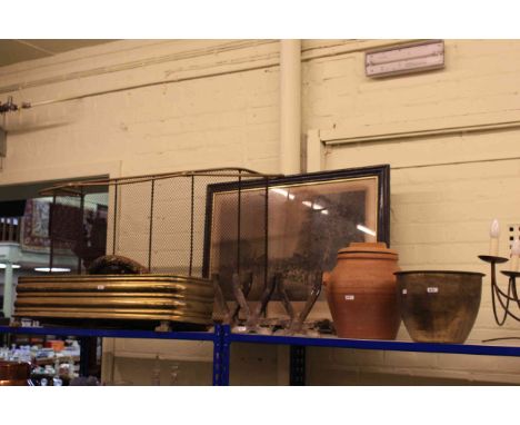 Brass fender, nursery guard, circular barbola wall mirror, framed print, three fire dogs, brass planter, crock and light fitt