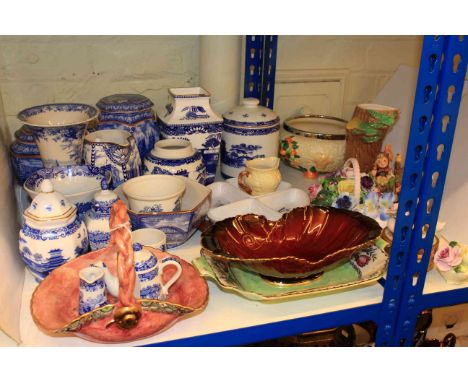 Assorted Ringtons and other blue and white china, Carlton and Maling dishes, Hummel figures, Clarice Cliff Celtic Harvest bow
