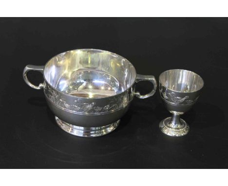Mappin and Webb silver basin and egg cup with decorated rims (2) 9oz