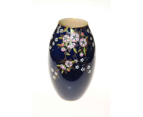 Large Carlton ware vase with enamel and gilt flowers on blue ground