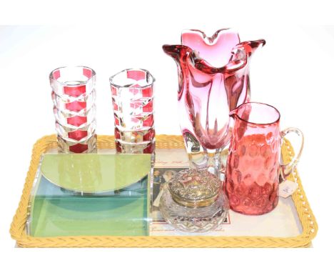 Silver topped jar, art glass vases, Guzzini box, and ruby jug