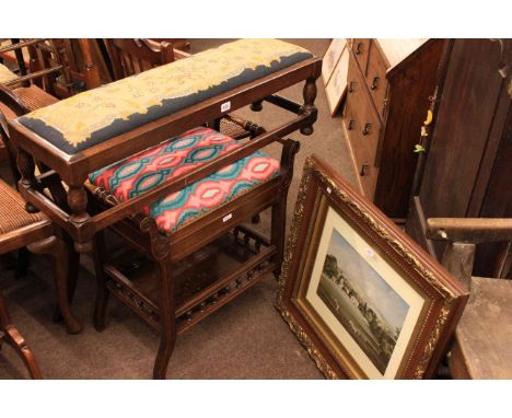 Oak tapestry seated fender stool, piano stool and framed coloured print (3)