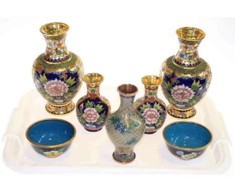 Collection of seven cloisonne and enamel vases