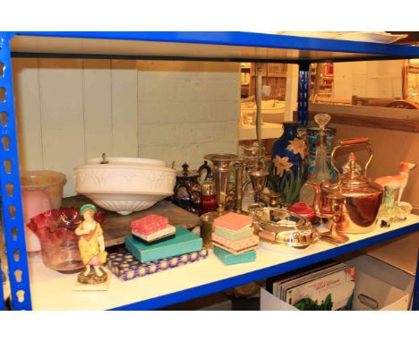 Copper kettle, brassware, ruby and other glass light shades, vases, Staffordshire greyhound and cottage, glass decanter, etc