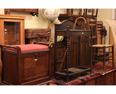 1920's/30's oak three drawer chest, mahogany fall front music stool, oak stick stand, bedroom chair and two rugs (6)