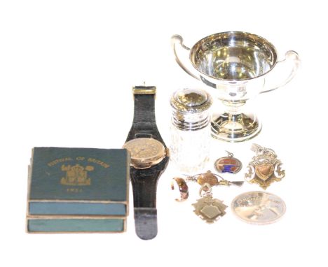 9 carat gold watch, small silver trophy cup, one tray ounce silver medallion, silver fobs, ring, etc