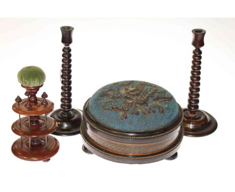 Inlaid and ebonised Victorian beadwork footstool, pair of turned mahogany candlesticks and mahogany bobbin and pin cushion st