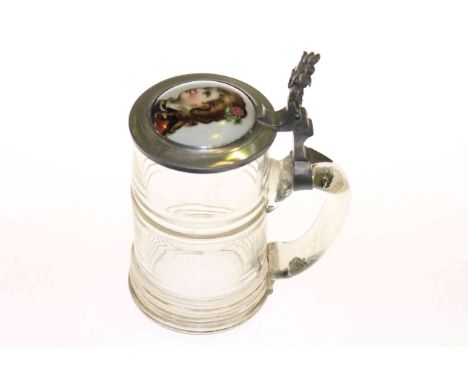 19th Century glass stein having porcelain painted portrait and white metal lid
