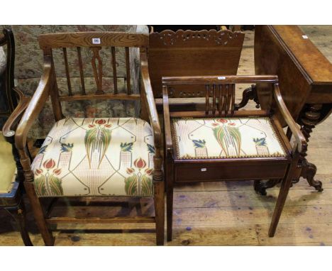 Georgian elm elbow chair and Edwardian inlaid mahogany piano stool in matching fabric