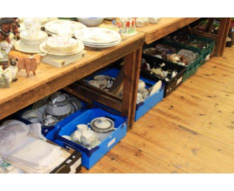 Seven boxes of glass, china, dinner service, tea china and box of soft goods