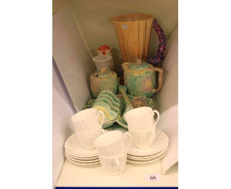 Shelley cups and saucers, Clarice Cliff jug, hat pin holder, breakfast set and sifter