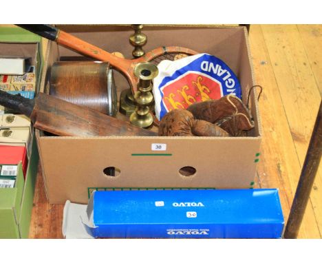 Oak mantel clock, brass candlesticks, sporting items, and Volvo truck model