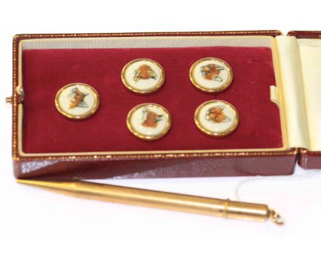 9 carat gold propelling pencil and a set of five fox hunting buttons