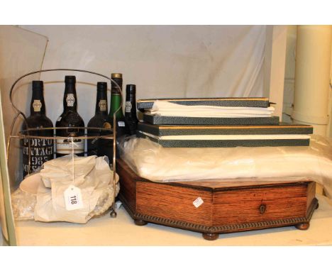 Four bottles of Port & Remy Martin champagne, slate mantel clock, cake stand, linen, etc