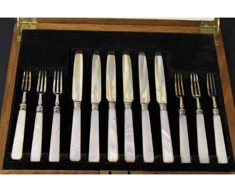 Mappin and Webb cased set of mother of pearl handled silver fruit knives and forks