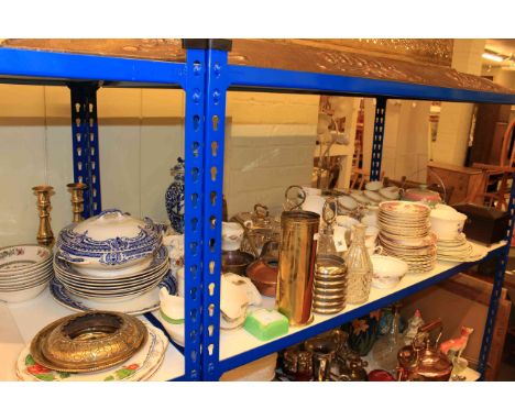 Assorted tea and dinnerware, Shelley biscuit barrel, tea caddy, brass and silver plated wares