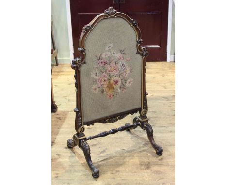 Victorian rosewood and gilt painted floral tapestry panel fire screen