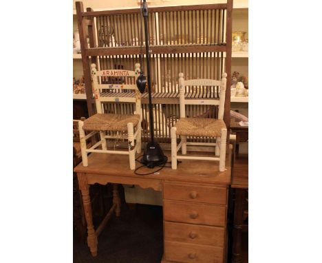 Pine single pedestal dressing table, plate rack, two rush seated child's chairs and adjustable lamp (5)