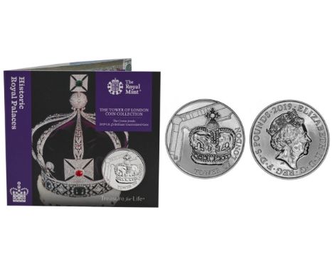 Royal Mint Tower of London Coin Collection brilliant uncirculated 2019 UK £5 coin in The Crown Jewels presentation pack.  Par