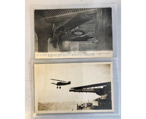 2 Vintage Aircraft Postcards Unused, Includes a Biplane just taken off from an early Aircraft Carrier, and a Biplane Hanging 