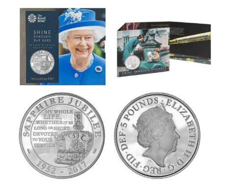 Royal Mint 2017 Shine Through the Ages Sapphire Jubilee brilliant uncirculated UK £5 coin presentation pack. Created to celeb