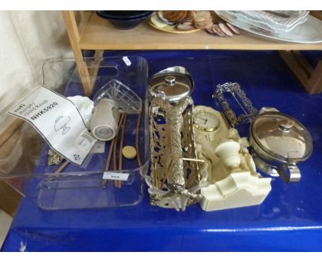 Mixed Lot: Silver plated bottle holder, modern mantel clock, various kitchen wares etc