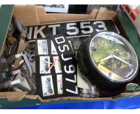 One box of various automobile related ephemera, wall clock, spanners etc