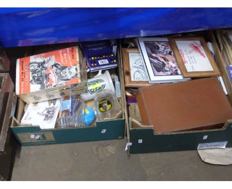 Two boxes of various vintage motorcycle prints, tankards, other assorted items