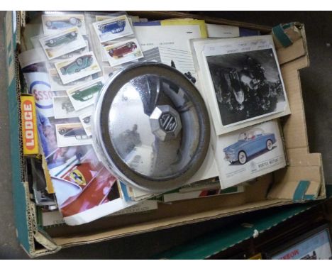 Box of various vintage motor related ephemera, MG hubcap etc