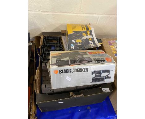 A Black &amp; Decker sander together with a Work Zone furniture transport set and other assorted hand tools