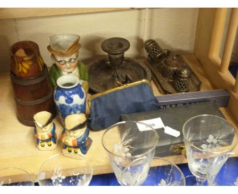 Mixed Lot: Silver plated cruet items, chamber stick, assorted coinage, character jugs, vintage cased razor etc