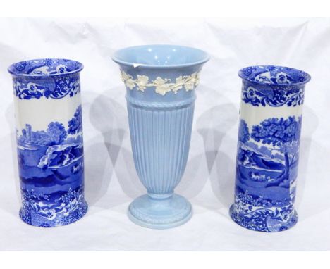 A pair of Copeland Spode 'Italian' pattern cylindrical vases, the blue and white decoration depicting cattle before ruins, 25