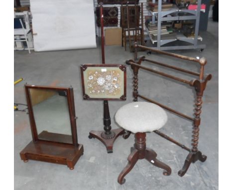 An early Victorian mahogany polescreen, the rectangular adjustable screen with flower beadwork panel and on a tripod base, a 