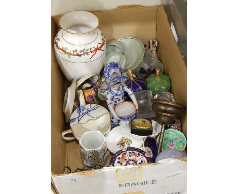 A pair of Crown Staffordshire boxes modelled as crowns, one blue and one green, a silver plated wine funnel, a Royal Worceste