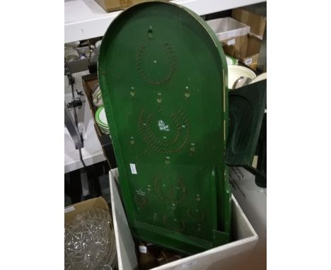 A quantity of collectables including papier mache crumb tray and brush, inlaid box, Bexley bagatelle board, etc. (1 box) 