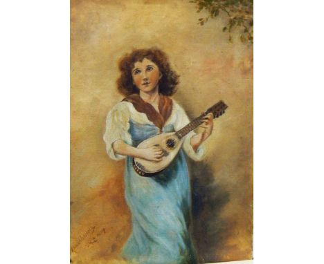 M LOil on canvas "Mandolinata", girl playing mandolin, initialled "ML" and dated 1889, 35cm x 25cm (unframed) 