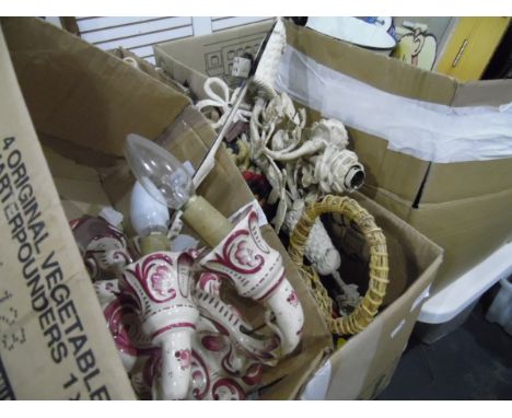 A white ceramic table lamp, a quantity of white metal wall lamps, glass and decorative items (5 boxes) 