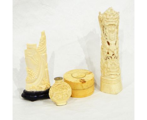 An Indian carved ivory figure of goddess with pierced decoration, an Oriental carved snuff bottle, ivory trinket box and anot